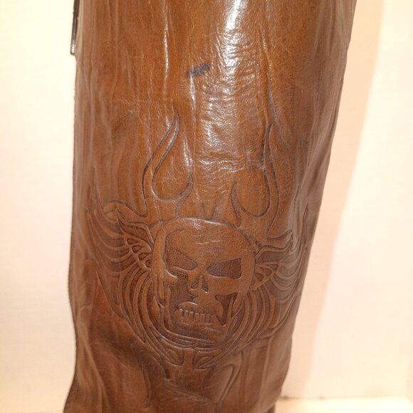 '80s ALDO Men's Sz 44EU/11US Brown Tall Boots Sq Toe Skull/Flames Embossed Zip - Picture 2 of 14